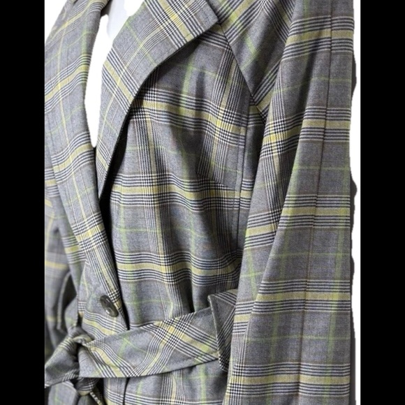 Vintage Kasper Women’s Plaid Pea Coat 16 Gray Yellow Green Belted Long Sleeves - Picture 5 of 11